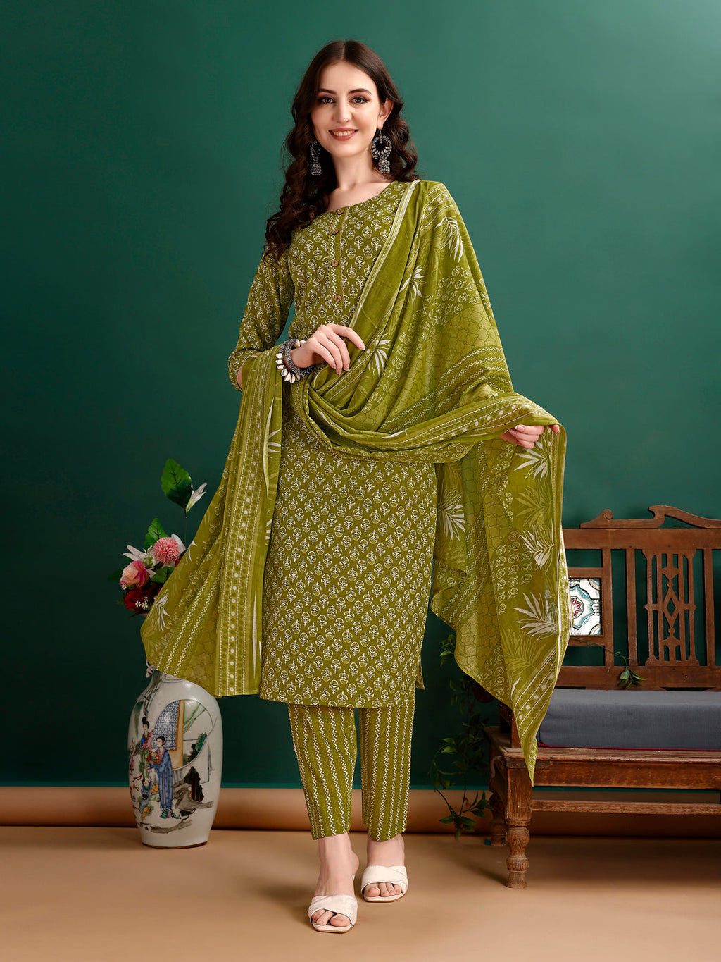 Ethnic Motifs Printed Kurta With Pant & Dupatta, Green - Hiral Fashion | Grocsy