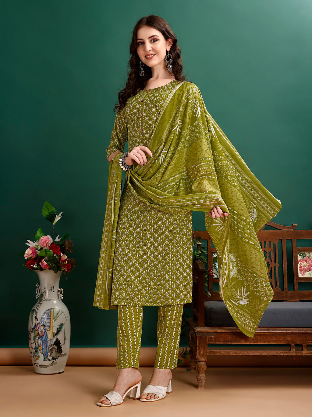 Ethnic Motifs Printed Kurta With Pant & Dupatta, Green - Hiral Fashion | Grocsy