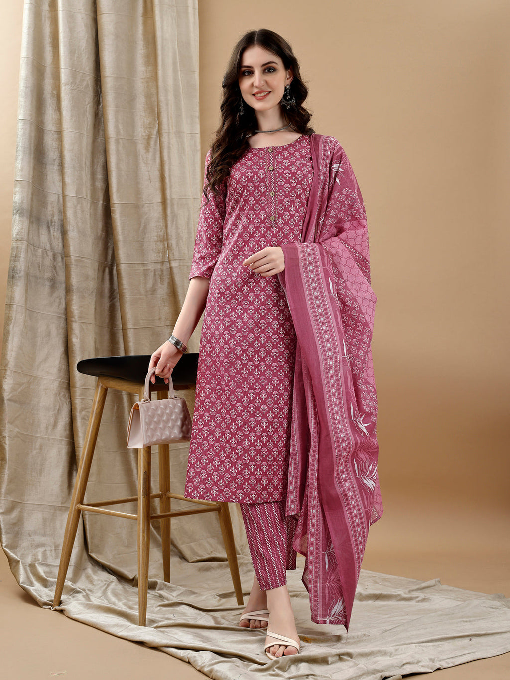 Ethnic Motifs Printed Kurta With Pant & Dupatta, Pink - Hiral Fashion | Grocsy