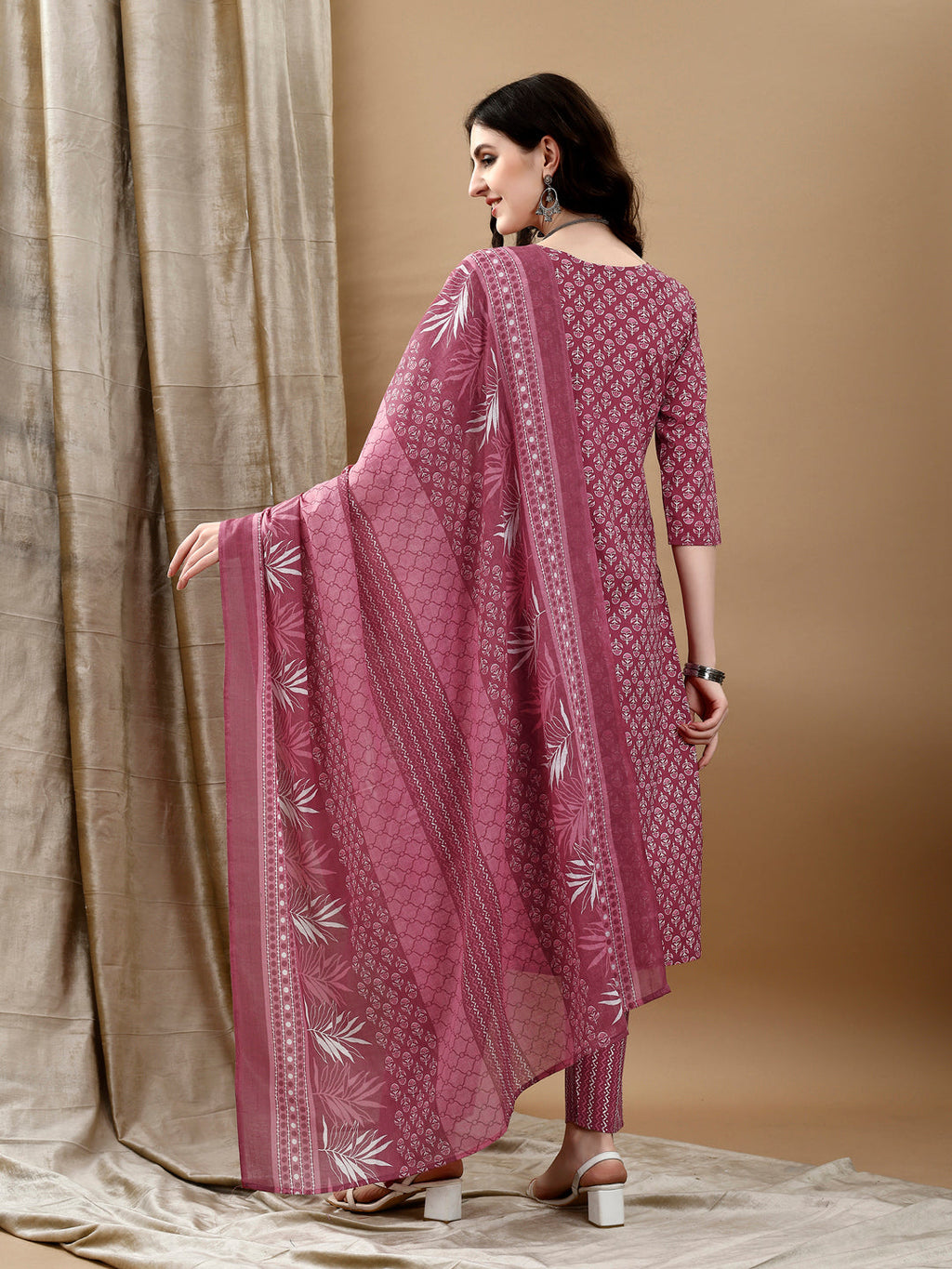 Ethnic Motifs Printed Kurta With Pant & Dupatta, Pink - Hiral Fashion | Grocsy