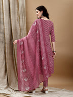 Ethnic Motifs Printed Kurta With Pant & Dupatta, Pink - Hiral Fashion | Grocsy