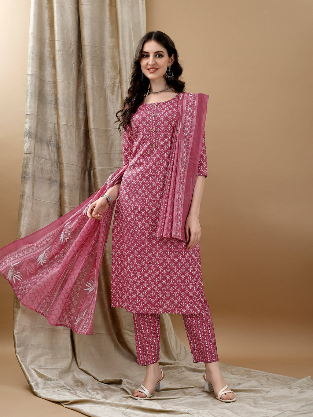 Ethnic Motifs Printed Kurta With Pant & Dupatta, Pink - Hiral Fashion | Grocsy