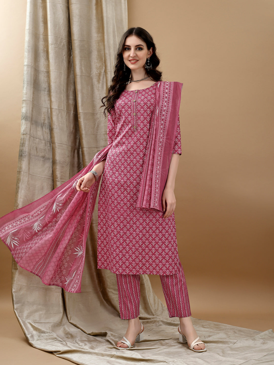 Ethnic Motifs Printed Kurta With Pant & Dupatta, Pink - Hiral Fashion | Grocsy