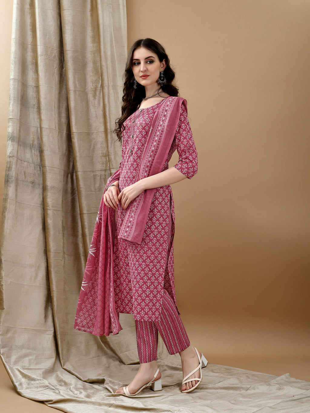 Ethnic Motifs Printed Kurta With Pant & Dupatta, Pink - Hiral Fashion | Grocsy