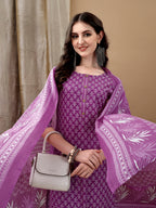 Ethnic Motifs Printed Kurta With Pant & Dupatta, Purple - Hiral Fashion | Grocsy
