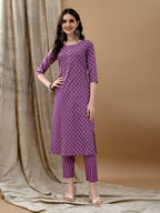 Ethnic Motifs Printed Kurta With Pant & Dupatta, Purple - Hiral Fashion | Grocsy
