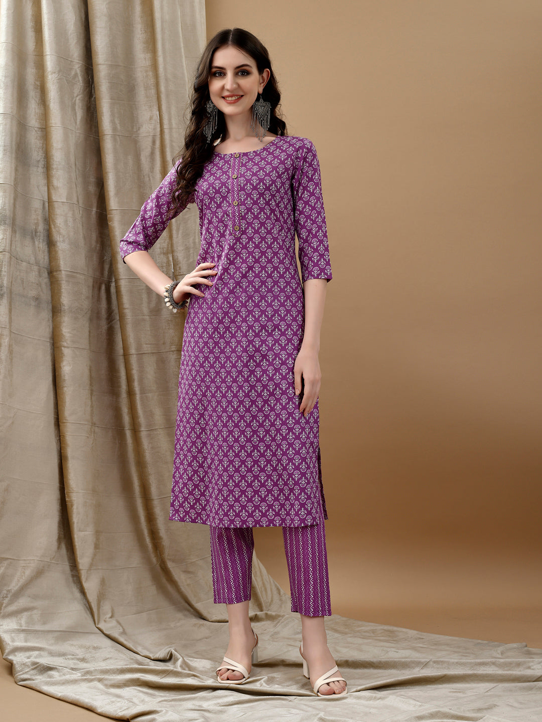 Ethnic Motifs Printed Kurta With Pant & Dupatta, Purple - Hiral Fashion | Grocsy