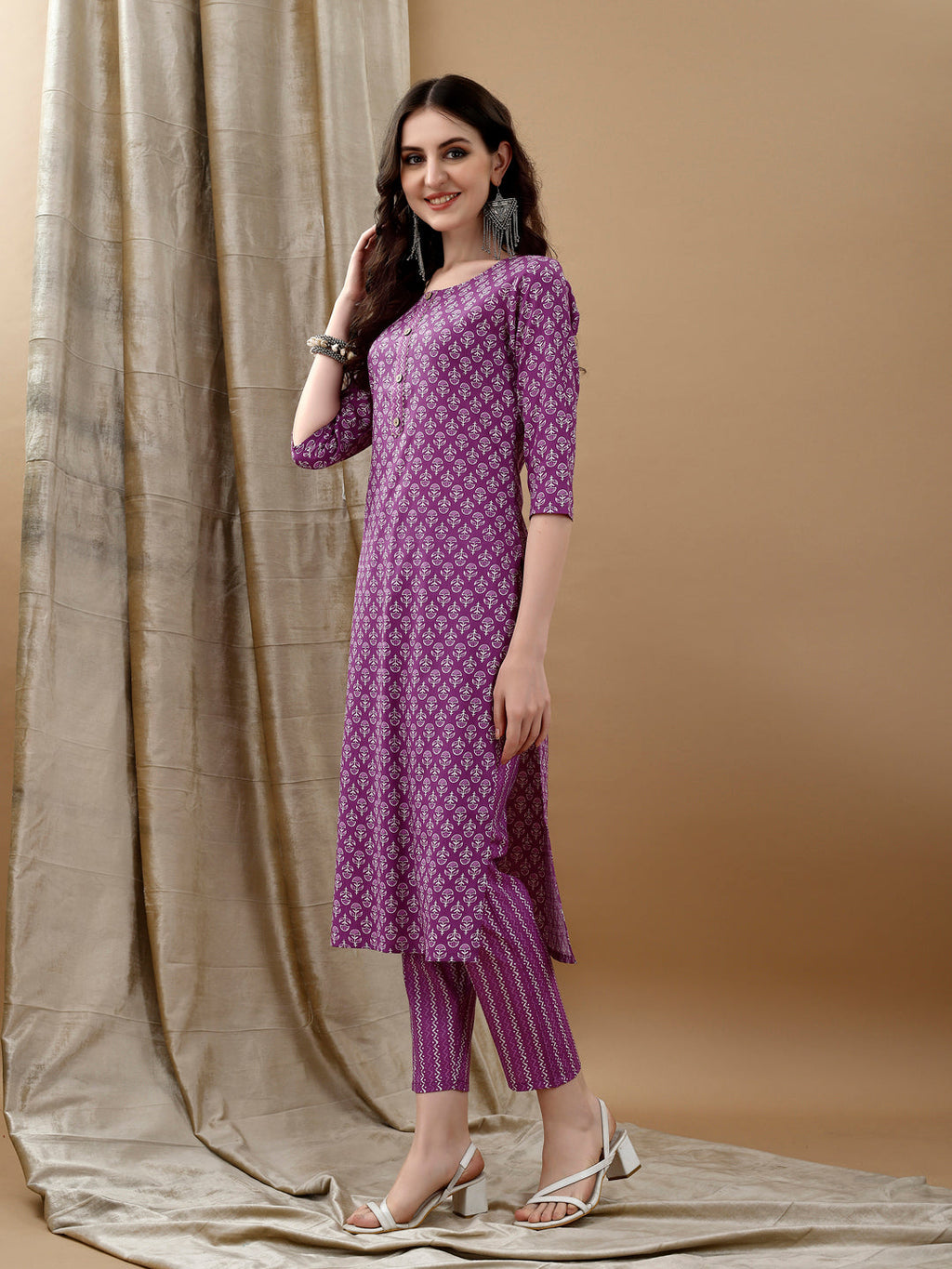 Ethnic Motifs Printed Kurta With Pant & Dupatta, Purple - Hiral Fashion | Grocsy