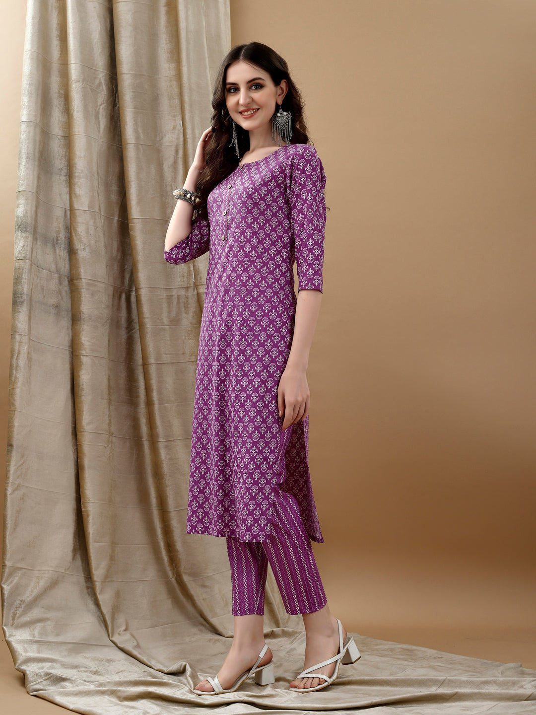 Ethnic Motifs Printed Kurta With Pant & Dupatta, Purple - Hiral Fashion | Grocsy