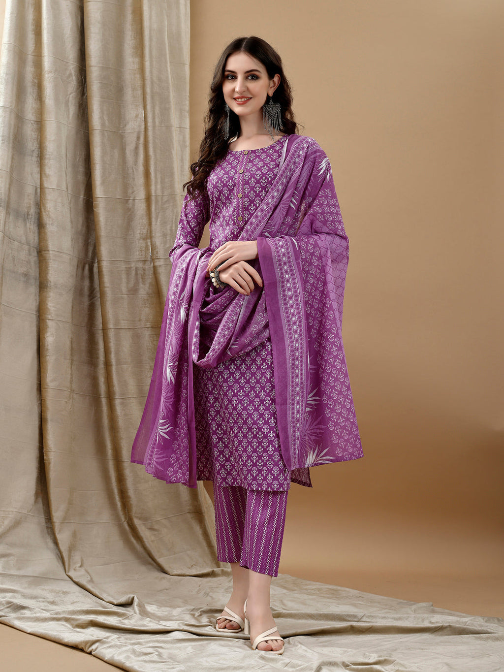 Ethnic Motifs Printed Kurta With Pant & Dupatta, Purple - Hiral Fashion | Grocsy
