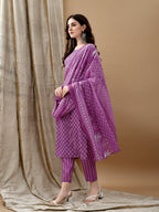 Ethnic Motifs Printed Kurta With Pant & Dupatta, Purple - Hiral Fashion | Grocsy