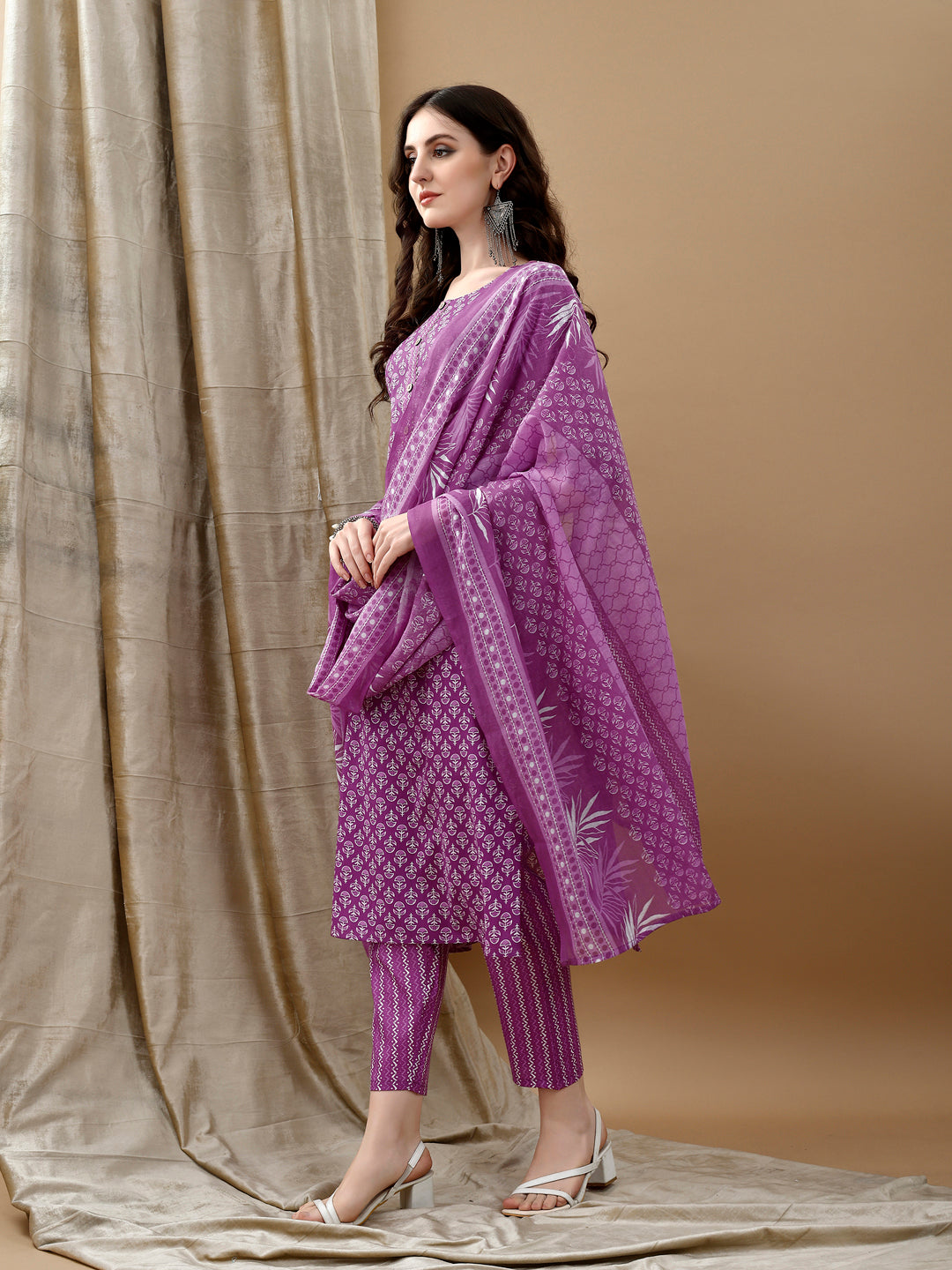 Ethnic Motifs Printed Kurta With Pant & Dupatta, Purple - Hiral Fashion | Grocsy