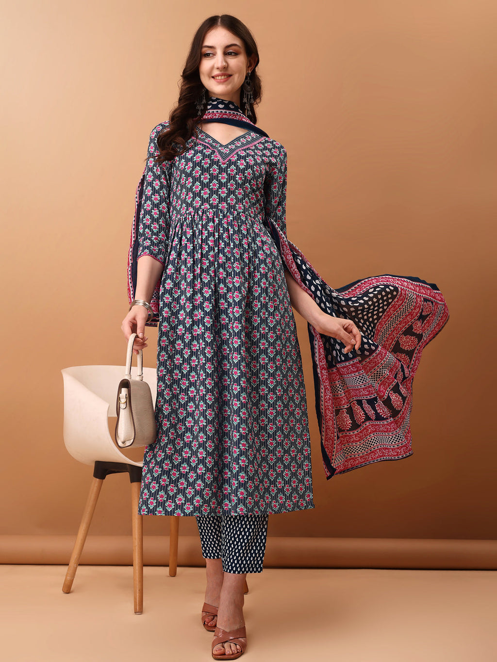Nyra Cut Ethnic Motifs Printed Kurta With Pant & Dupatta, Blue - Hiral Fashion | Grocsy