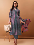 Nyra Cut Ethnic Motifs Printed Kurta With Pant & Dupatta, Blue - Hiral Fashion | Grocsy