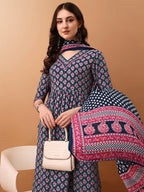 Nyra Cut Ethnic Motifs Printed Kurta With Pant & Dupatta, Blue - Hiral Fashion | Grocsy
