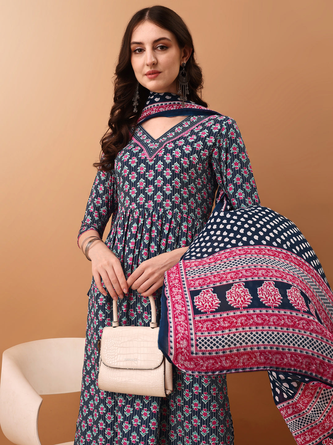 Nyra Cut Ethnic Motifs Printed Kurta With Pant & Dupatta, Blue - Hiral Fashion | Grocsy