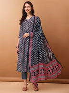 Nyra Cut Ethnic Motifs Printed Kurta With Pant & Dupatta, Blue - Hiral Fashion | Grocsy