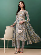 Floral Printed Kurta With Pant & Dupatta, Blue - Hiral Fashion | Grocsy