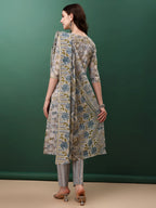 Floral Printed Kurta With Pant & Dupatta, Blue - Hiral Fashion | Grocsy