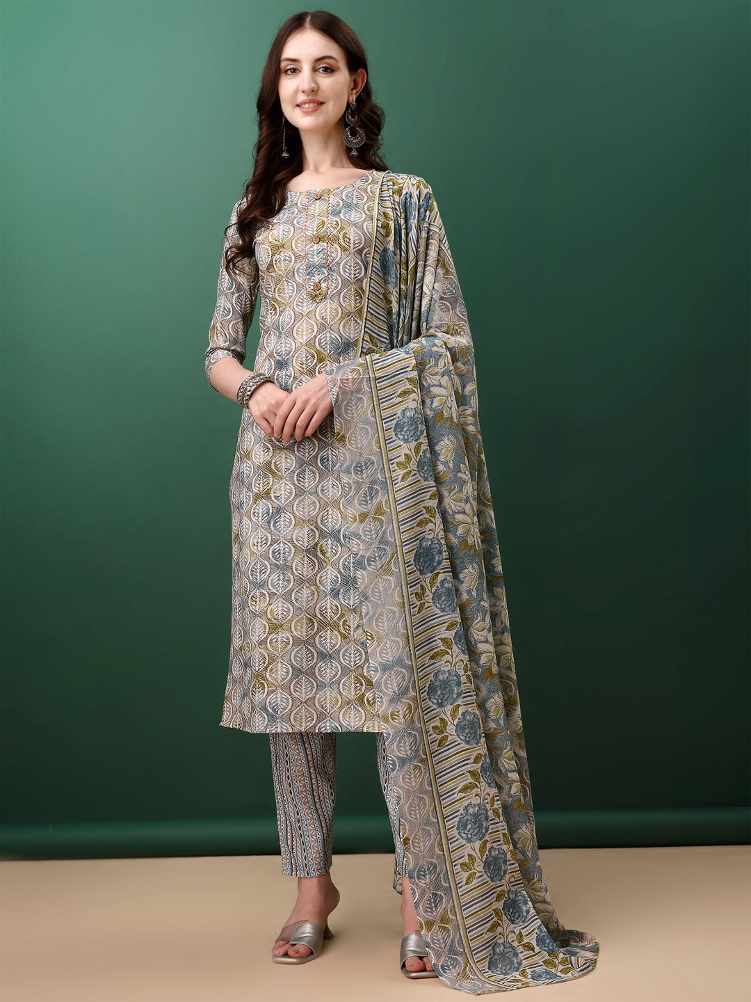 Floral Printed Kurta With Pant & Dupatta, Blue - Hiral Fashion | Grocsy