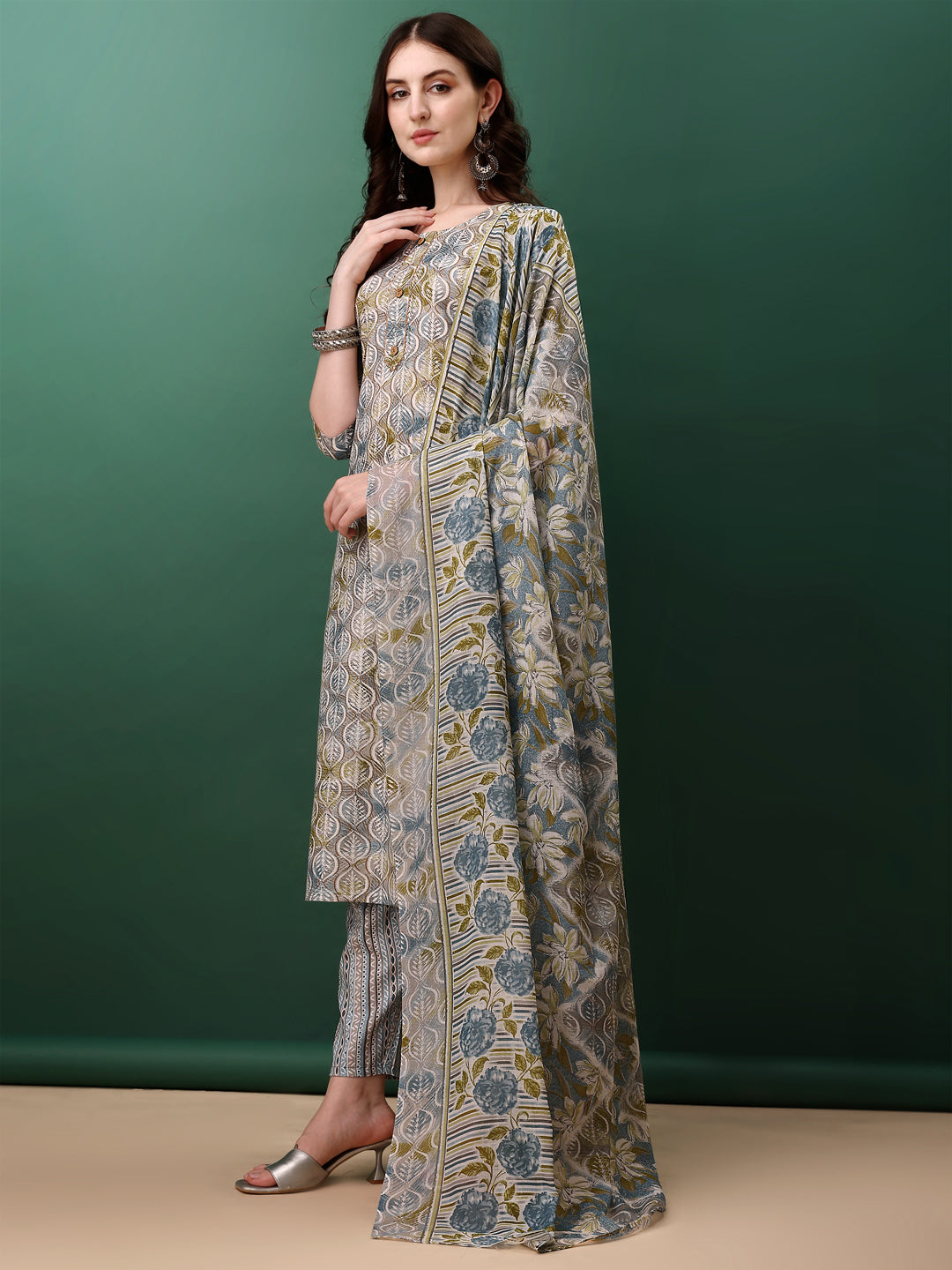 Floral Printed Kurta With Pant & Dupatta, Blue - Hiral Fashion | Grocsy