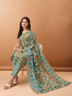 Floral Printed Kurta With Pant & Dupatta, Green - Hiral Fashion | Grocsy