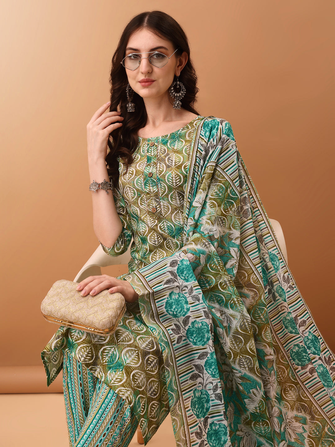 Floral Printed Kurta With Pant & Dupatta, Green - Hiral Fashion | Grocsy