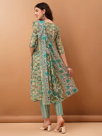 Floral Printed Kurta With Pant & Dupatta, Green - Hiral Fashion | Grocsy