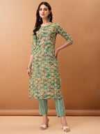 Floral Printed Kurta With Pant & Dupatta, Green - Hiral Fashion | Grocsy