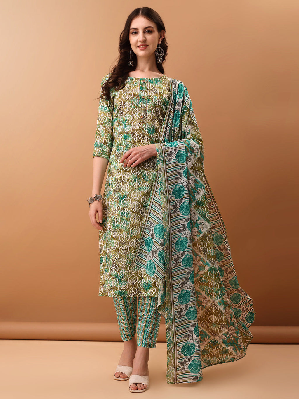 Floral Printed Kurta With Pant & Dupatta, Green - Hiral Fashion | Grocsy