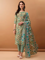 Floral Printed Kurta With Pant & Dupatta, Green - Hiral Fashion | Grocsy