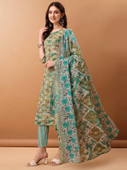 Floral Printed Kurta With Pant & Dupatta, Green - Hiral Fashion | Grocsy