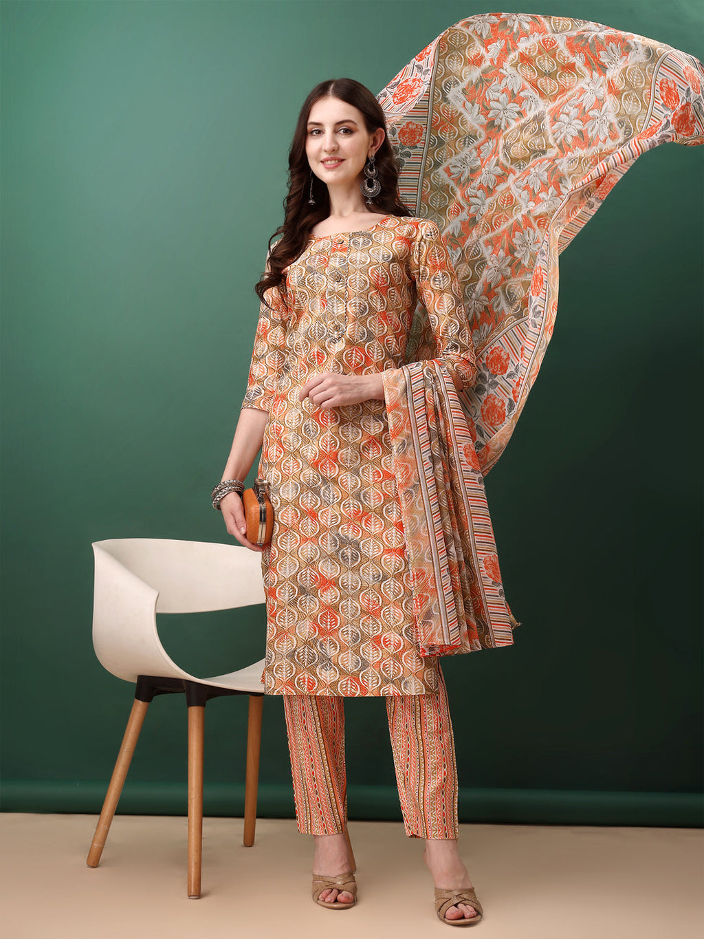 Floral Printed Kurta With Pant & Dupatta, Orange - Hiral Fashion | Grocsy