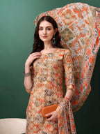Floral Printed Kurta With Pant & Dupatta, Orange - Hiral Fashion | Grocsy