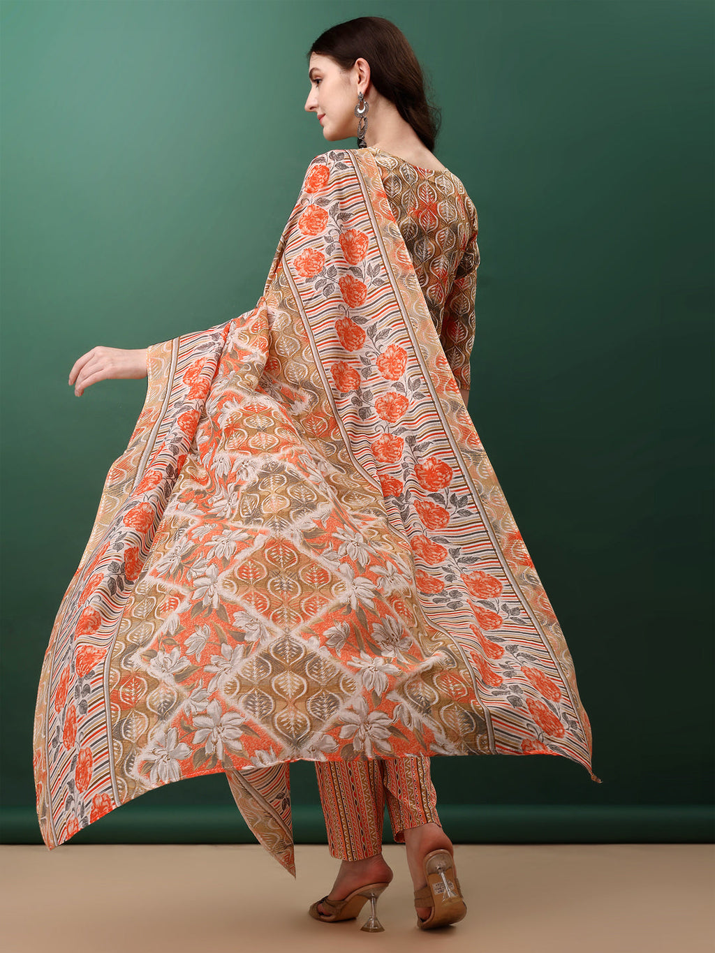 Floral Printed Kurta With Pant & Dupatta, Orange - Hiral Fashion | Grocsy
