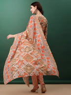 Floral Printed Kurta With Pant & Dupatta, Orange - Hiral Fashion | Grocsy