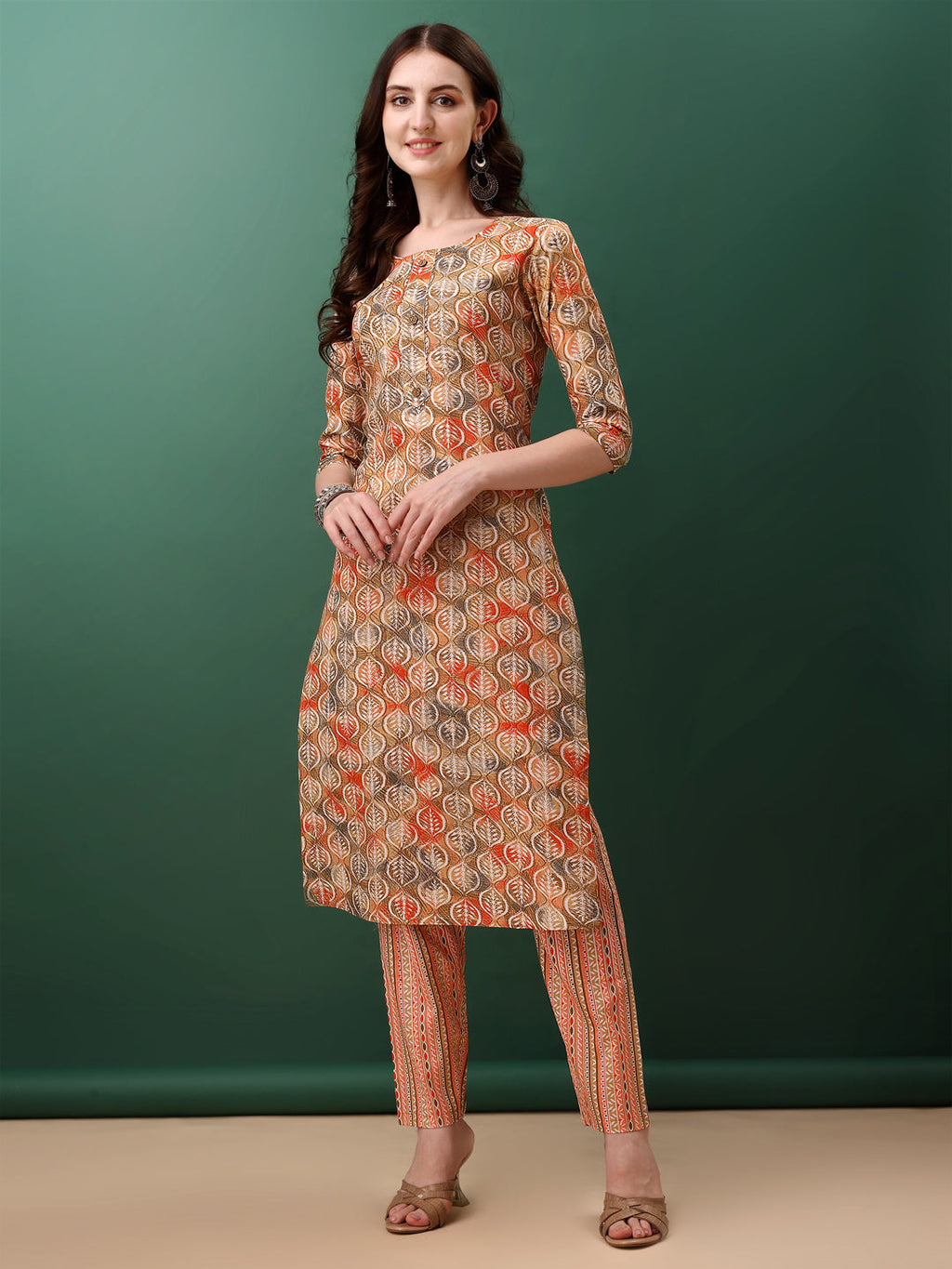 Floral Printed Kurta With Pant & Dupatta, Orange - Hiral Fashion | Grocsy