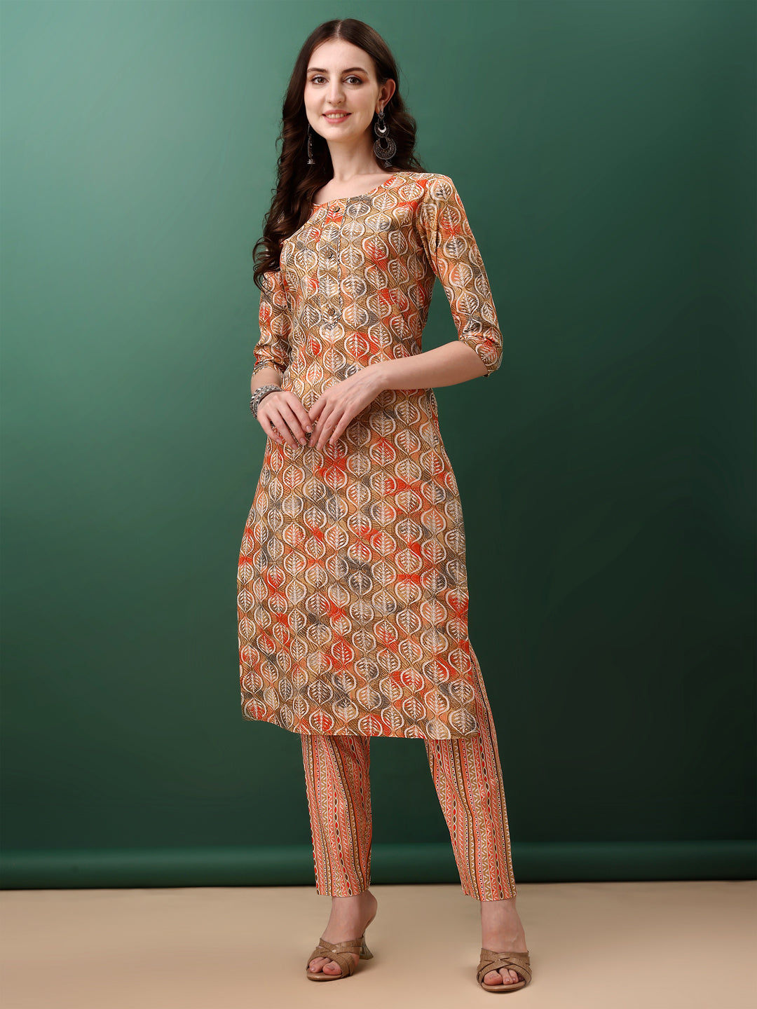 Floral Printed Kurta With Pant & Dupatta, Orange - Hiral Fashion | Grocsy