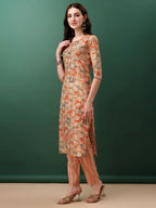 Floral Printed Kurta With Pant & Dupatta, Orange - Hiral Fashion | Grocsy