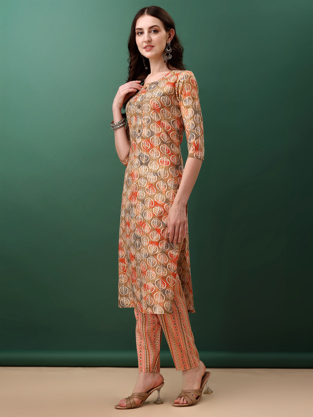 Floral Printed Kurta With Pant & Dupatta, Orange - Hiral Fashion | Grocsy