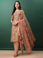 Floral Printed Kurta With Pant & Dupatta, Orange - Hiral Fashion | Grocsy
