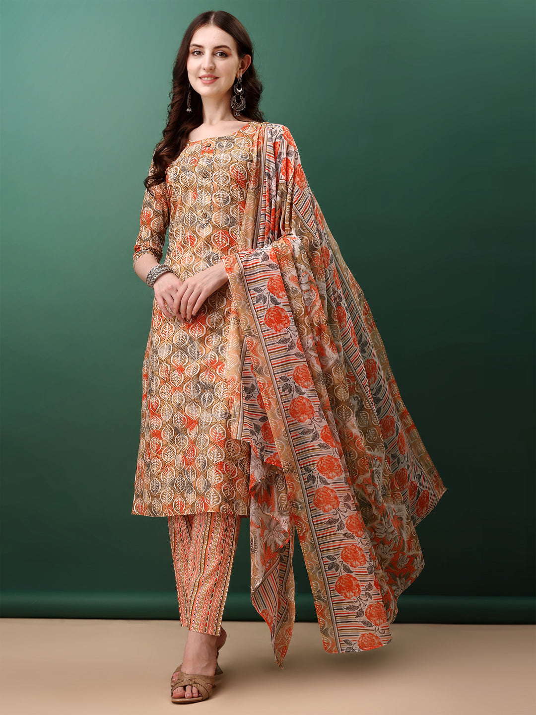 Floral Printed Kurta With Pant & Dupatta, Orange - Hiral Fashion | Grocsy