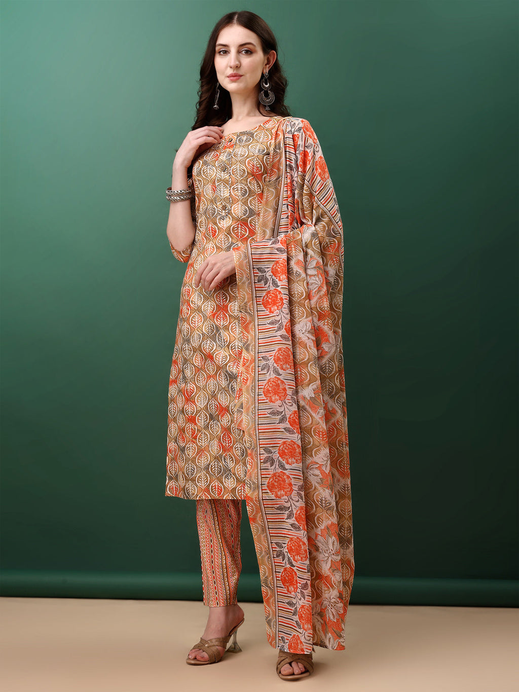 Floral Printed Kurta With Pant & Dupatta, Orange - Hiral Fashion | Grocsy