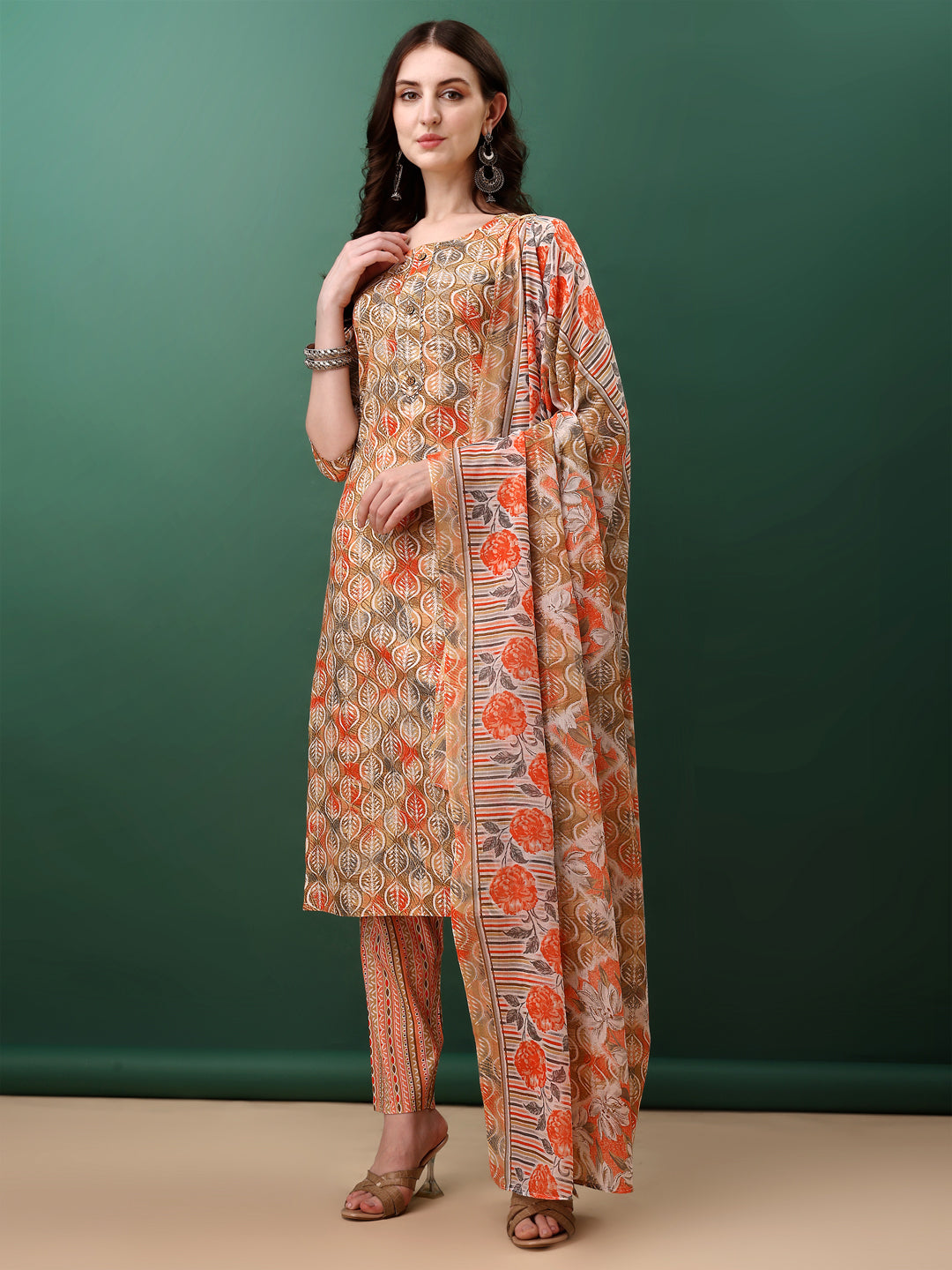 Floral Printed Kurta With Pant & Dupatta, Orange - Hiral Fashion | Grocsy