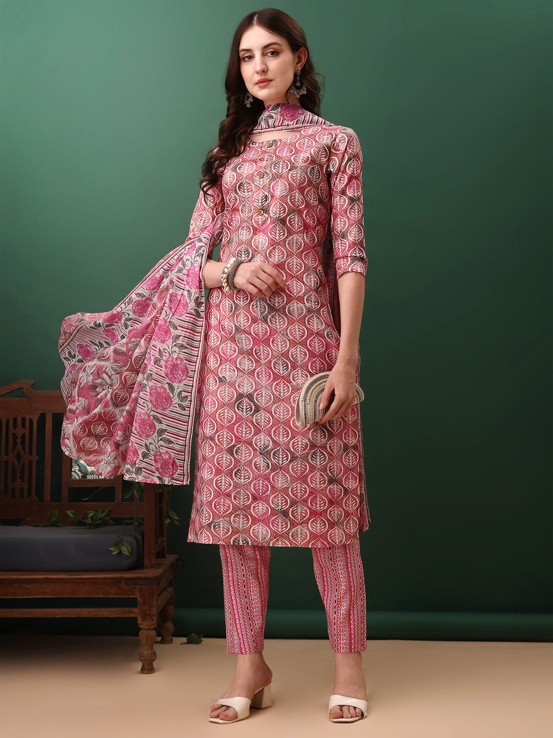 Floral Printed Kurta With Pant & Dupatta, Pink - Hiral Fashion | Grocsy