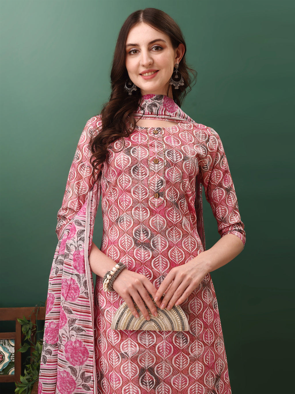 Floral Printed Kurta With Pant & Dupatta, Pink - Hiral Fashion | Grocsy