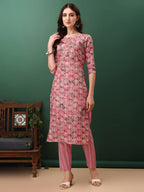 Floral Printed Kurta With Pant & Dupatta, Pink - Hiral Fashion | Grocsy