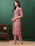 Floral Printed Kurta With Pant & Dupatta, Pink - Hiral Fashion | Grocsy