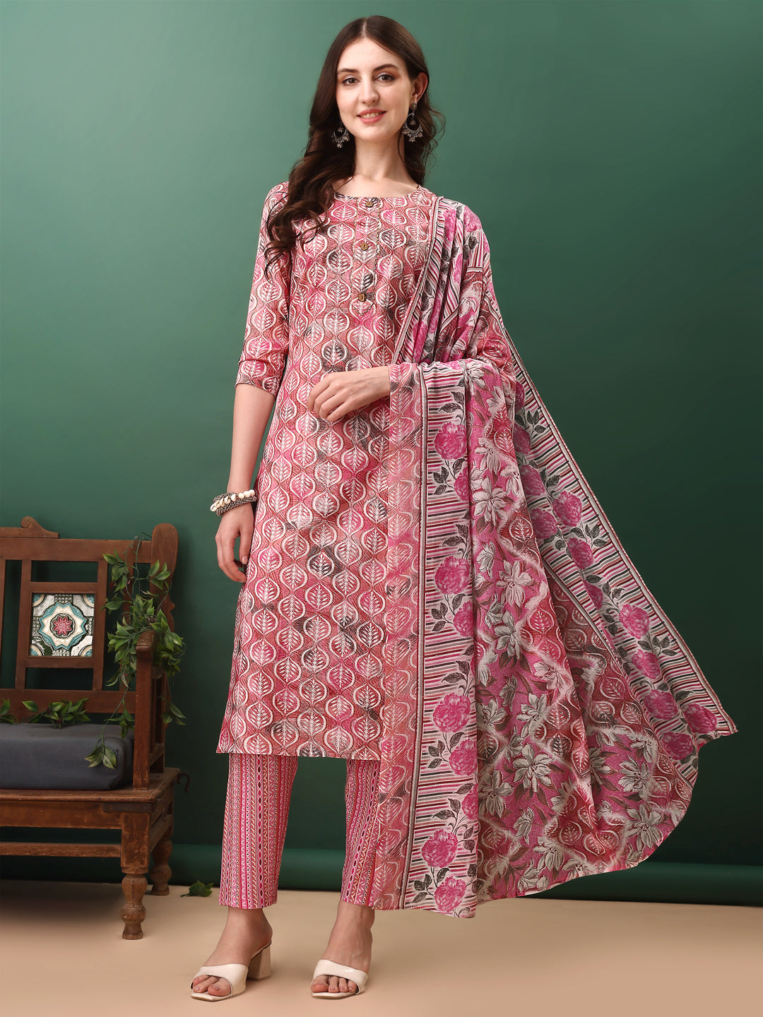 Floral Printed Kurta With Pant & Dupatta, Pink - Hiral Fashion | Grocsy