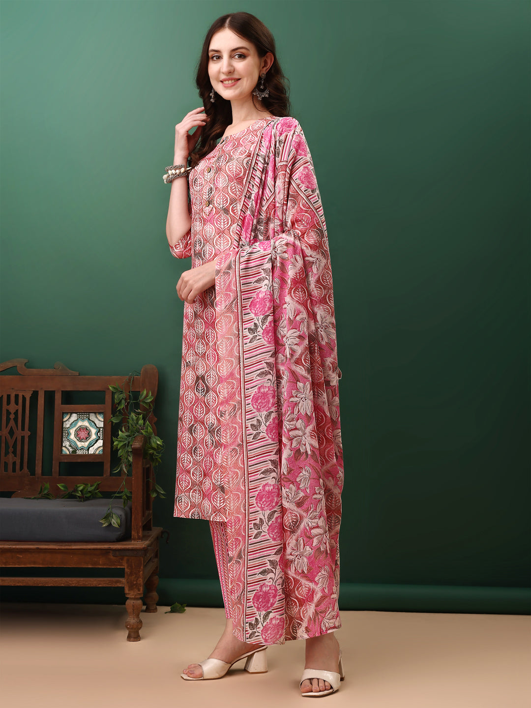 Floral Printed Kurta With Pant & Dupatta, Pink - Hiral Fashion | Grocsy